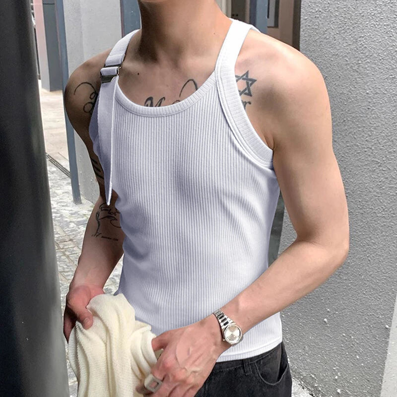 INCERUN Men Adjustable Shoulder Strap Tank Top Summer Knitted Solid Color Sleeveless Mens Vest Daily Male Clothing Tops