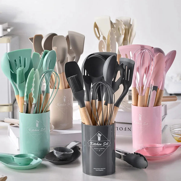 12PCS Food Grade Silicone Kitchenware Cutlery Turner Spatula Measuring Spoon Practical Cooking Tools Kitchen Cutlery Set