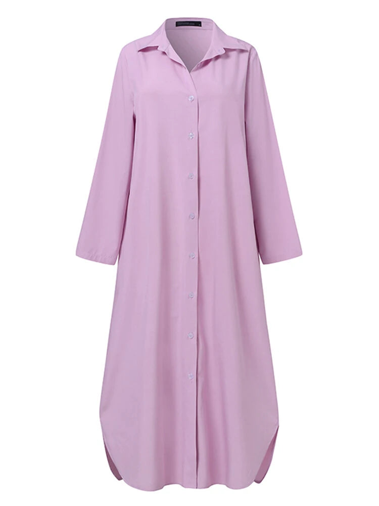 ZANZEA Women Plus Size Two Set Solid Button Lapel Long Sleeve Long Blouses and Pant Two Pieces Set