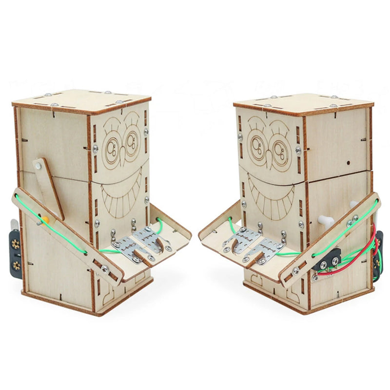 Wooden DIY Electric Powered Coin Eating Robot Puzzle Assembly Technology Small Production Creative Invention Mechanical Science Toy