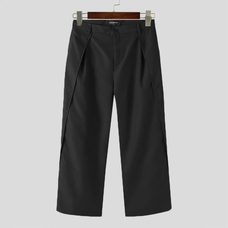 INCERUN Men Wide-leg Solid Color Casual Pants with Pockets Cropped Design Zipper Botton Trousers Plus Size