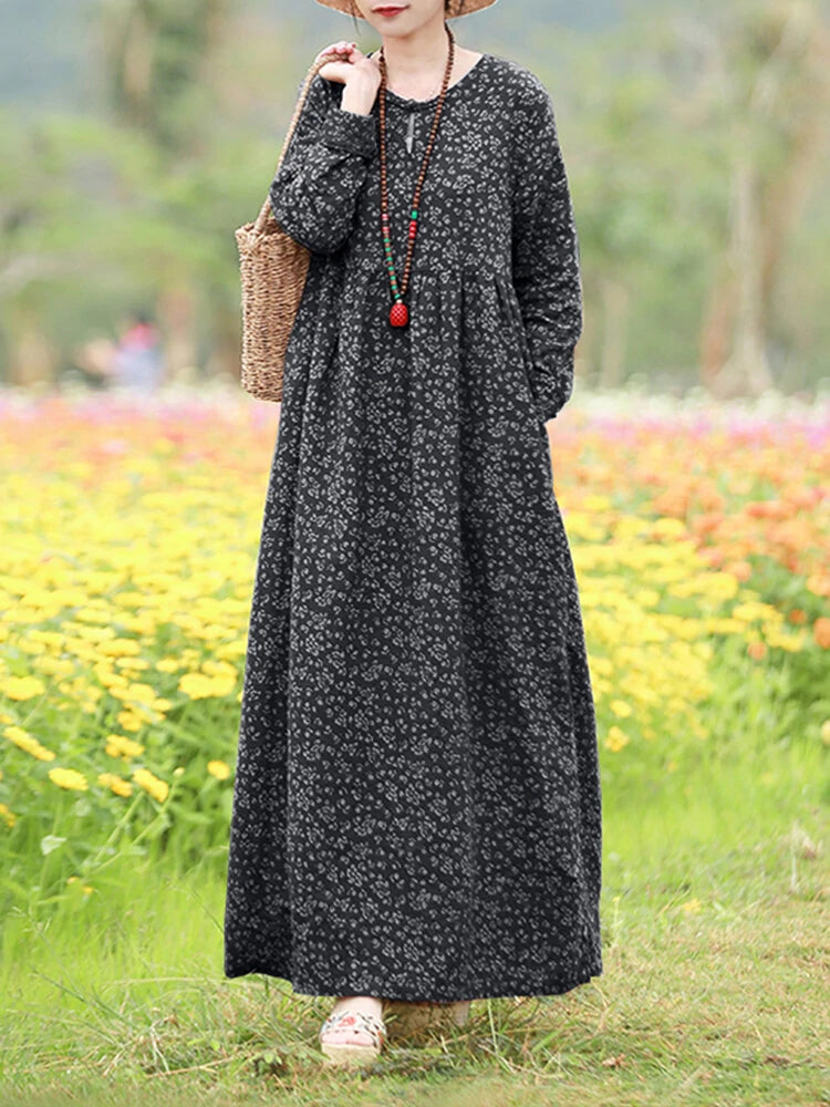ZANZEA Women Floral Print O-Neck Long Sleeve Bohemian Holiday Maxi Dress With Pocket