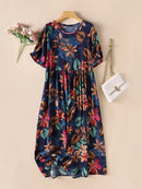ZANZEA Womens Summer Short Sleeve Printed Swing Long Maxi Dress Holiday Beach Sundress