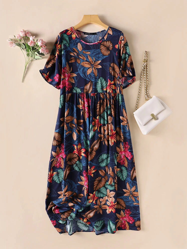 ZANZEA Womens Summer Short Sleeve Printed Swing Long Maxi Dress Holiday Beach Sundress