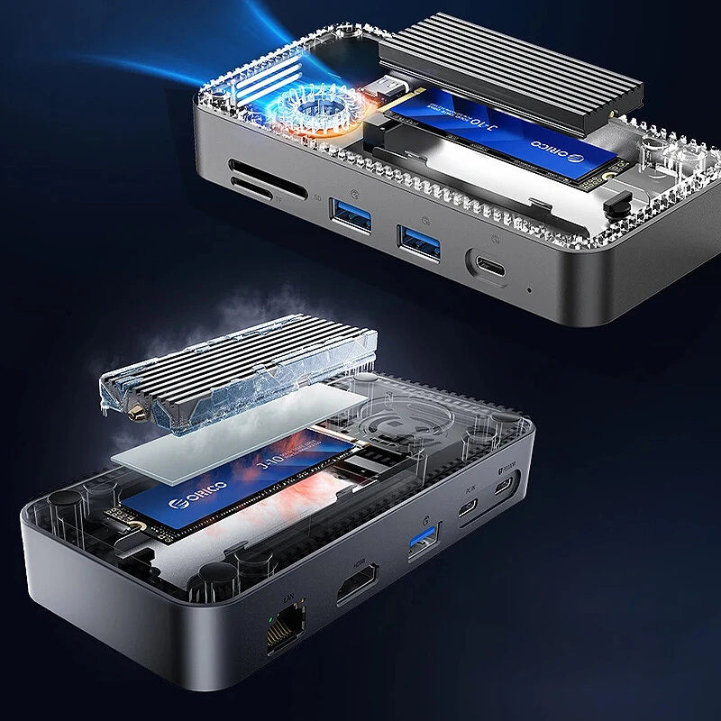 ORICO DPM2P9 10-in-1 M.2 SSD Enclosure Docking Station with Cooling Fan PD100W / 10Gbps Type-C*2 / 5Gbps USB3.0*2 / 10Gbps USB3.2 Gen2 / 4K@60Hz HD / 1000M RJ45 / SD&TF3.0 Multi-ports USB-C Hub Splitter Adapter