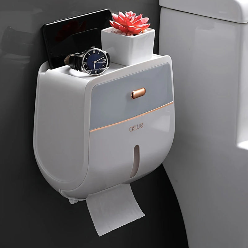 Bathroom Organizer Shelf Wall Mount Toilet Paper Holder Large Capacity Wall-mounted Double-layer Toilet Paper Holder No Drilling Installation Waterproof Paper Towel Storage Box Suitable for Bathroom Organization
