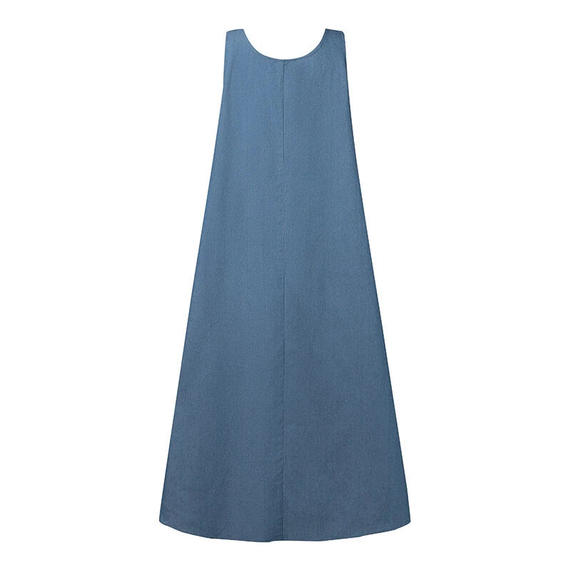 ZANZEA Women Fashion Denim Overalls Dress Summer Sleeveless Casual Loose Sundress Solid Color Maxi Dress With Pockets