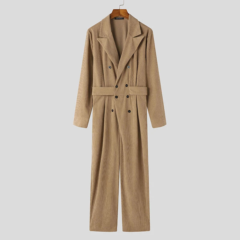 INCERUN Men Jumpsuits Corduroy double-breasted Suit Collar Long-sleeved Casual One-piece Suit for Men with Side Pockets