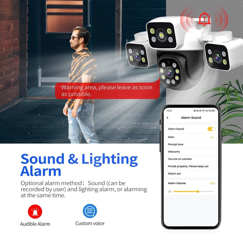 ESCAM PT223 3x4MP Three-Lens Camera Three-Screen PTZ Monitoring Sound And Light Alarm Two-Way Voice Cloud Storage Human Detection WiFi Camera