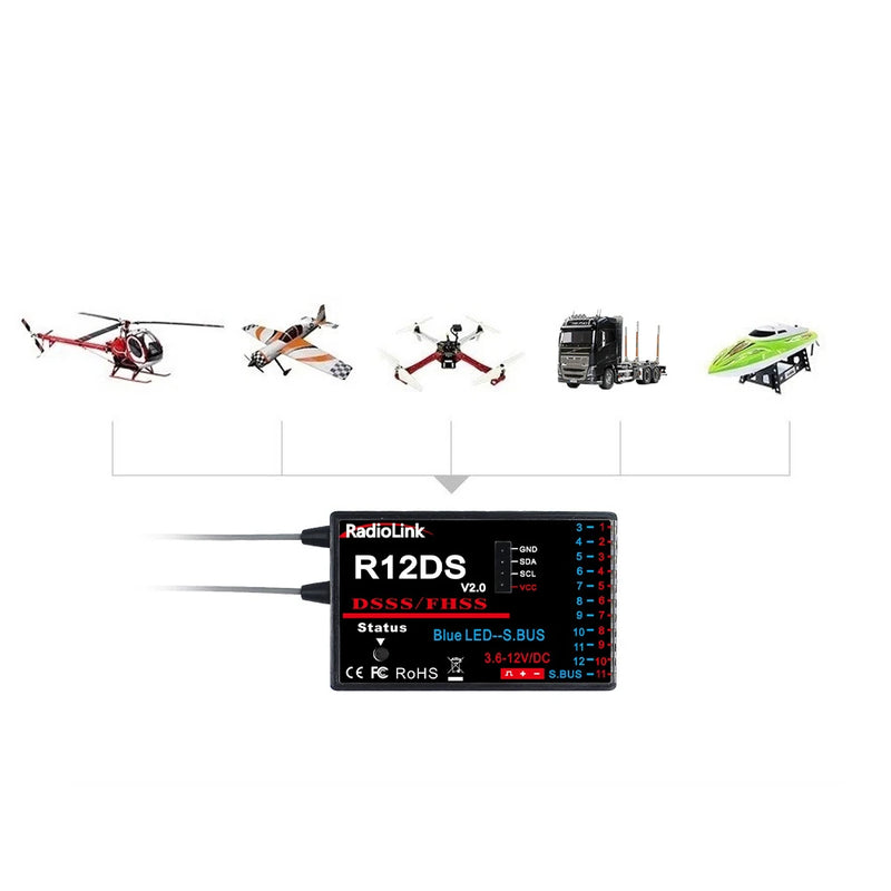 Radiolink R12DS V2.0 2.4GHz 12CH DSSS FHSS Receiver for AT9/AT9S/AT9S PRO/AT10/AT10II Radio Transmitters