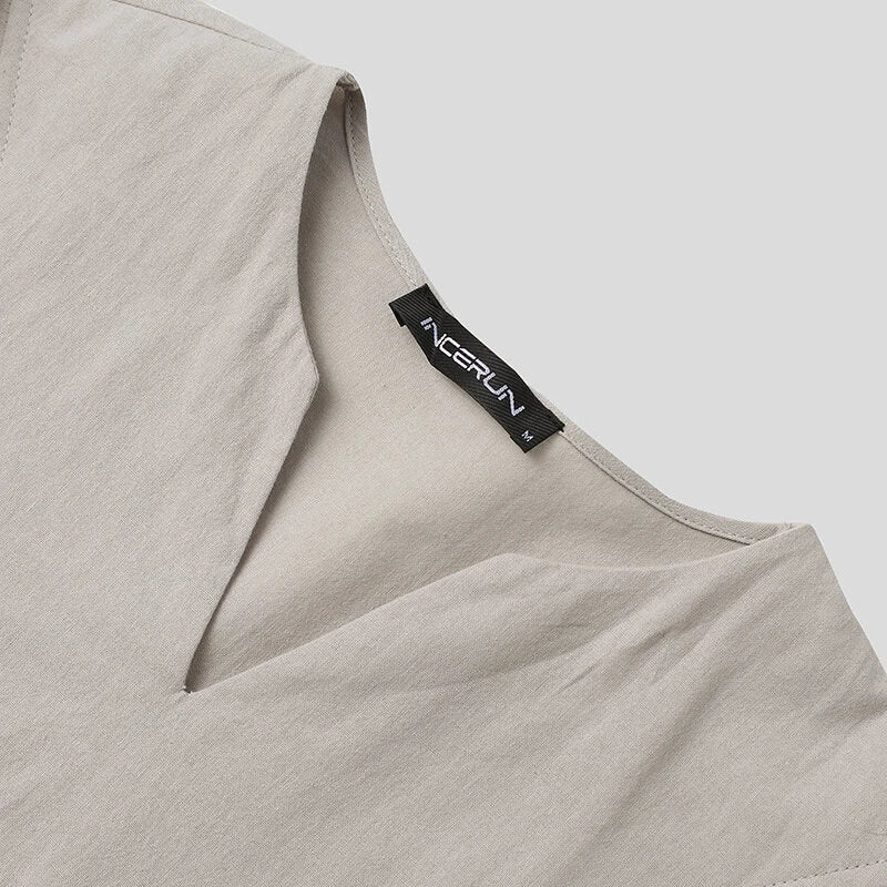 INCERUN Men Shirt Solid Color Long Sleeve Linen Shirts Mens Top V-neck Ethnic Casual Male Clothing