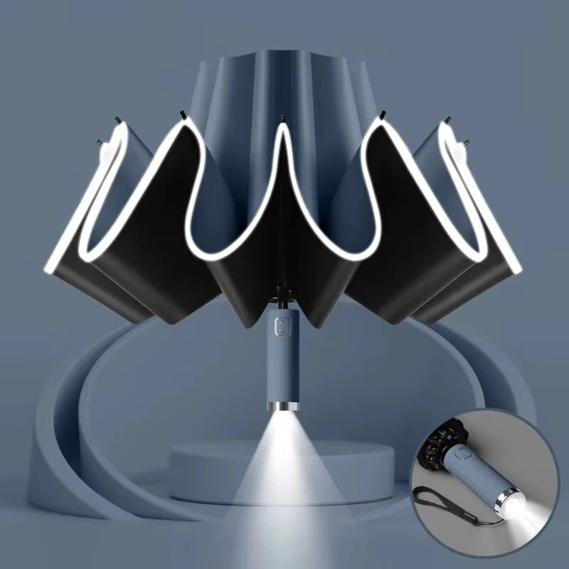 Automatic Folding Reverse Sun Umbrella Upgraded Windproof Design with Reflective Strip LED Light Convenient Handle Rainproof