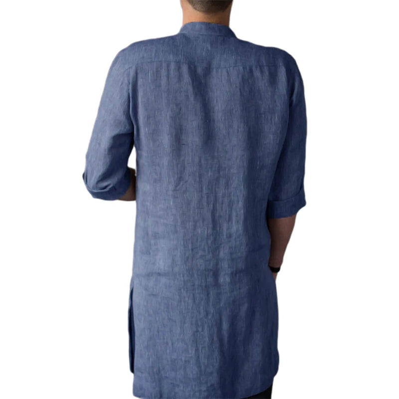INCERUN Men Islamic Thobe Kaftan Knee Length Maxi Tunic Shirts Gown Stand Collar Long Sleeve Mid Long Casual Shirts