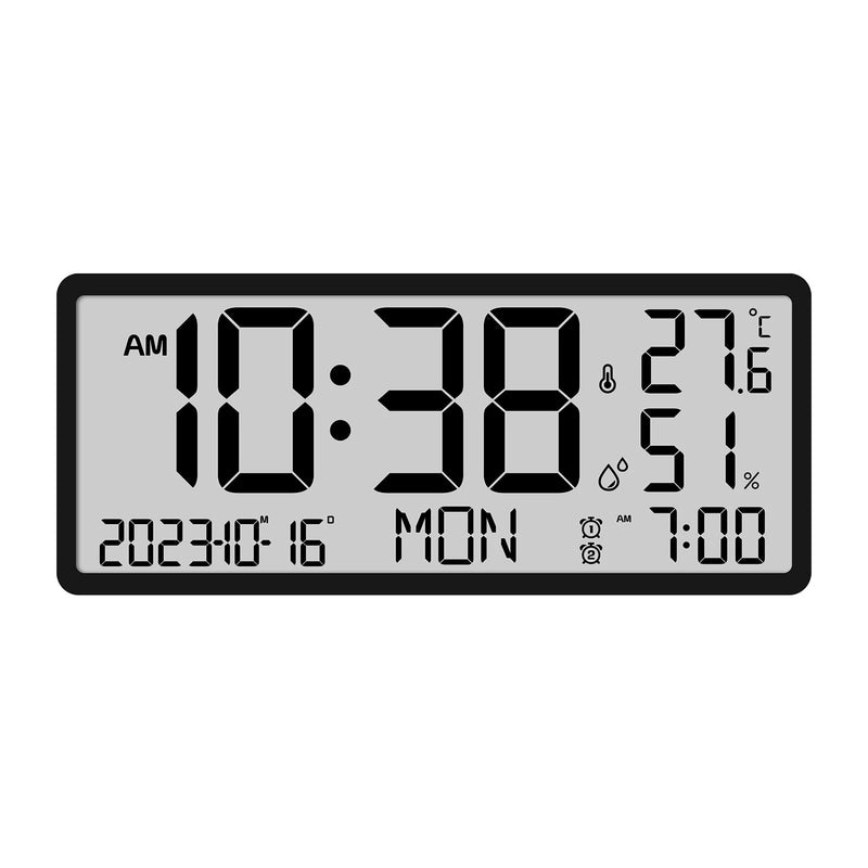 Large LCD Digital Wall Clock Temperature Humidity Display Alarm Clock Hanging/Desktop Digital Clock Plugged in Electronic Desktop Clock for Home and Offices