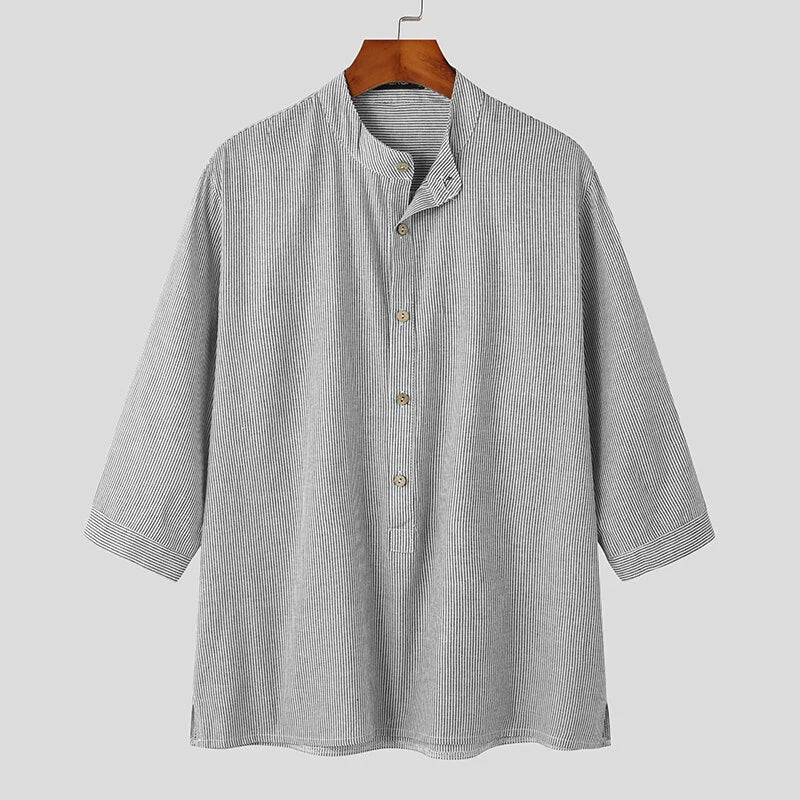 INCERUN Mens 100% Cotton Striped Shirts Casual Fit T Shirts Holiday Beach Tee Tops Blouse