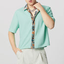 INCERUN Mens Textured Patchwork Cropped Short Sleeve Shirt Comfortable Fashion Solid Printed Edge Lapel Top