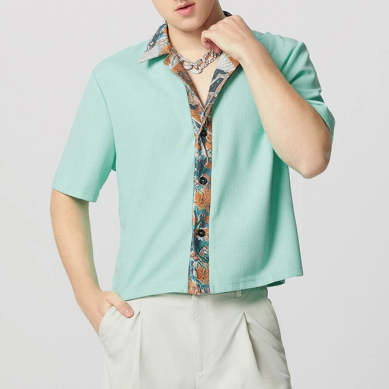 INCERUN Mens Textured Patchwork Cropped Short Sleeve Shirt Comfortable Fashion Solid Printed Edge Lapel Top