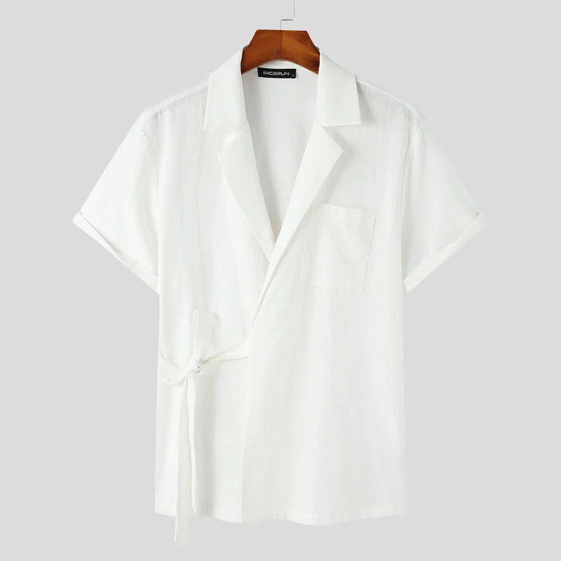 INCERUN Men's Shirt Solid Color Lapel Shirt Casual Lace Up Short Sleeve Top Summer Daily Male Clothing