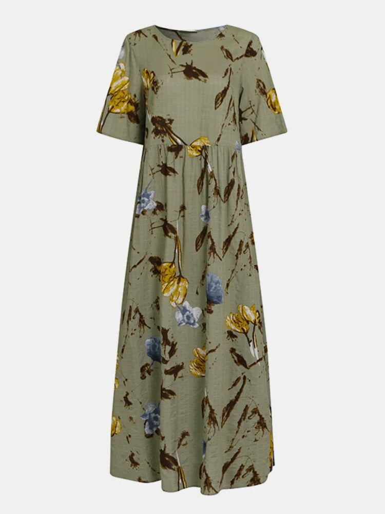Vintage Floral Print Short Sleeve Loose Casual Maxi Dress