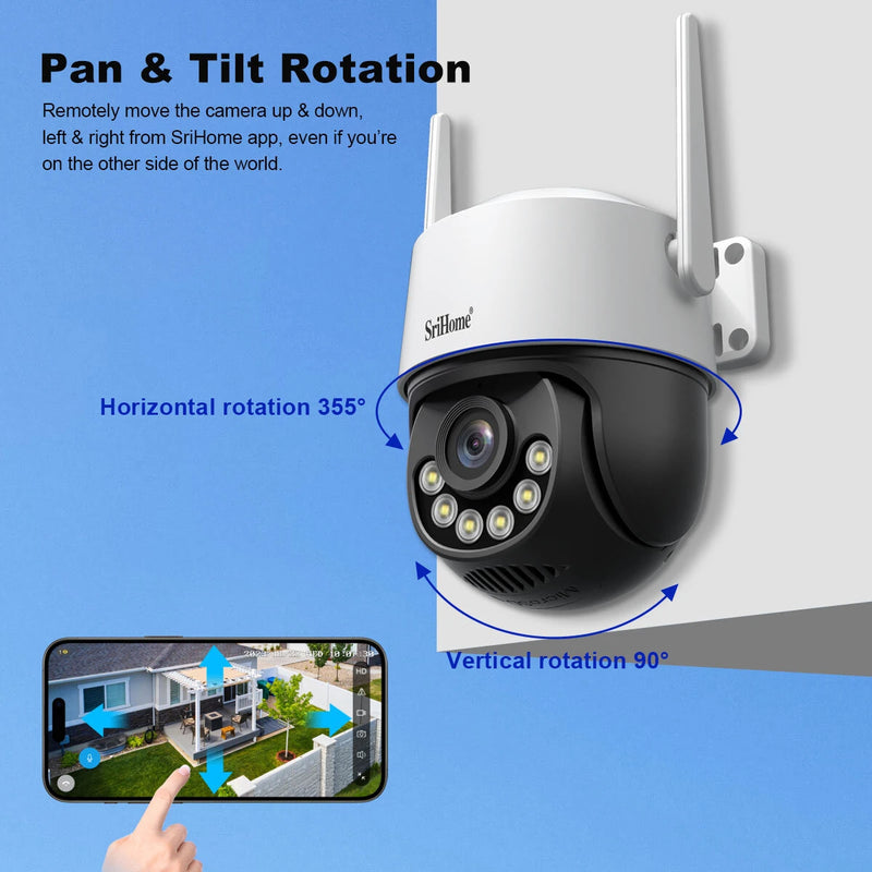 SriHome SH072 8MP 4K 3X Zoom Security Camera Outdoor PTZ Dual Band WiFi 2.4G/5G Night Vision 2 Way Audio Human Detection IP66 Waterproof Wireless Smart Home Surveillance Cameras