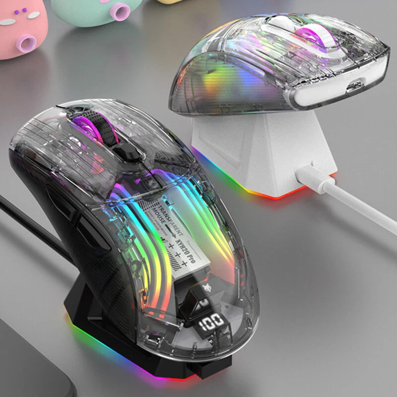 XUNSVFOX XYH20pro RGB Transparent Shell Gaming Mouse Power Display Three Mode Wireless bluetooth Type-C Rechargeable Ergonomics Mute Mice with Charging Dock PC Accessories