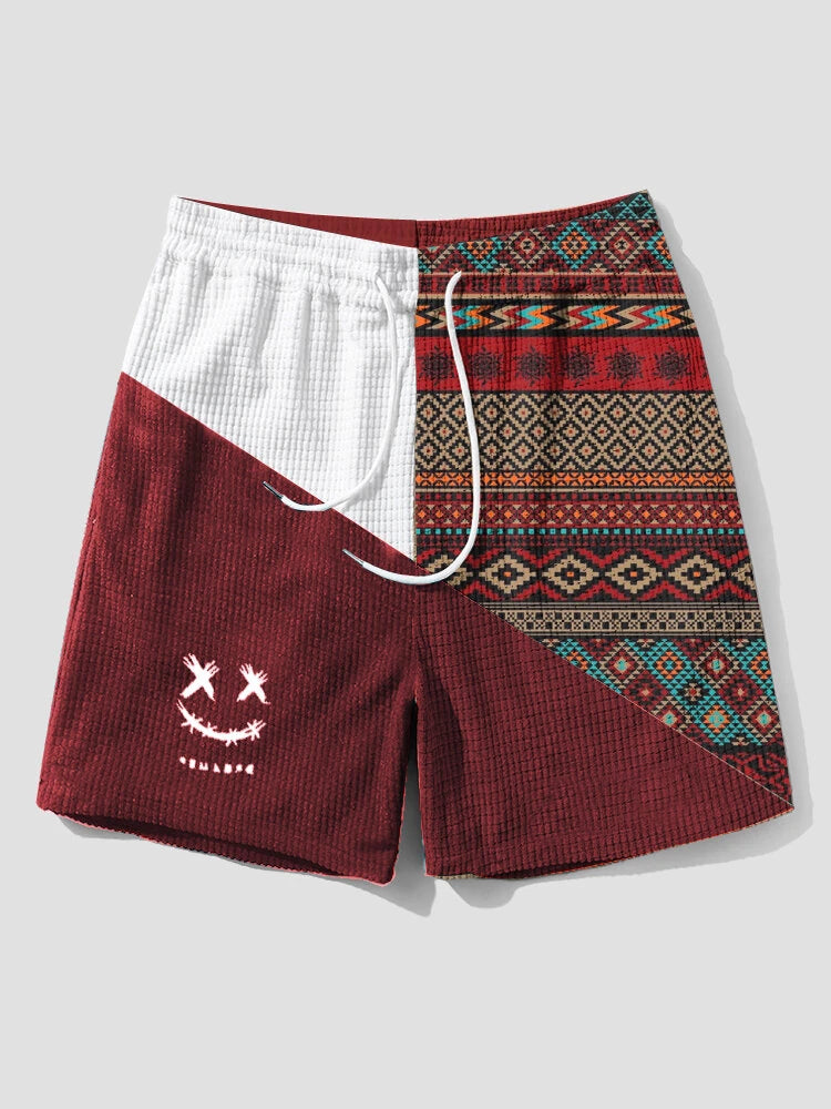 Mens Ethnic Geometric Funny Face Pattern Patchwork Corduroy Shorts
