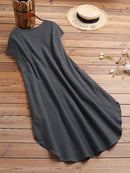 ZANZEA Plus Size Women Mid Long Dress Solid Pocket Short Sleeve Round Neck Cotton Casual Beach Midi Dress