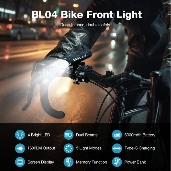 Astrolux BL04 Digital Bike Headlight 1600LM Dual Distance Beam 6000mAh Portable Power Bank Type-C Charging Memory Mode Waterproof Bicycle Front Light for Electric Bike MTB Bike Flashlight