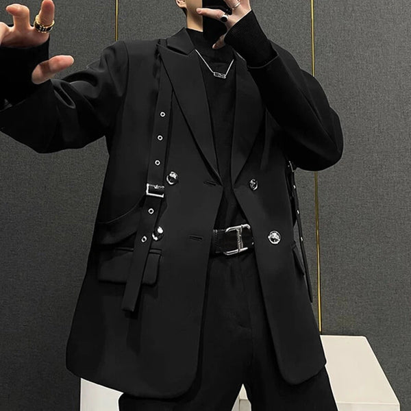 INCERUN Mens Lace-Up Design Long Sleeve Blazer Fashion Loose Fit Solid Color Casual Suit for Male