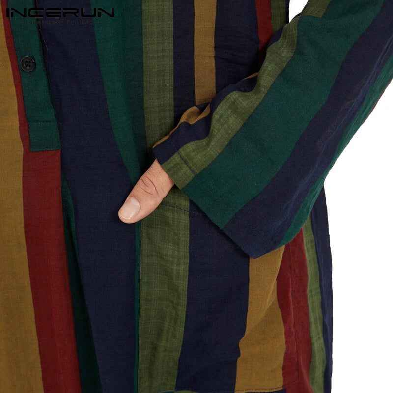 INCERUN Mens Striped Button Long Sleeve Long Shirt Cotton Linen Baggy Full Length Robe Casual Daily Retro Colorful Striped Robe for Men Plus Size, Spring Fall