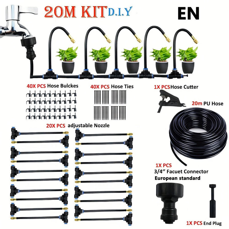 Professional Mist Rotating Nozzle Automatic Watering Kit 20m Universal Drip Irrigation Kit Adjustable 7.87" Brass Mist Nozzle Automatic Watering System for Balcony Greenhouse Gardening