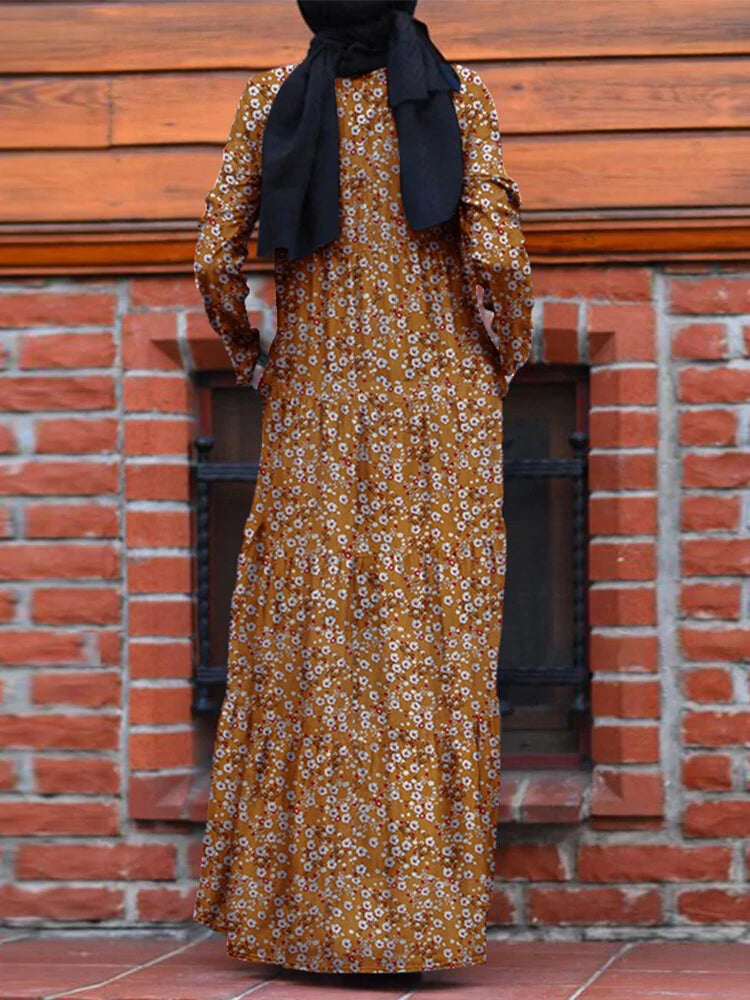 ZANZEA Plus Size Women Long Dress Floral Print Tiered Dress O-Neck Casual Maxi Dress With Side Pocket