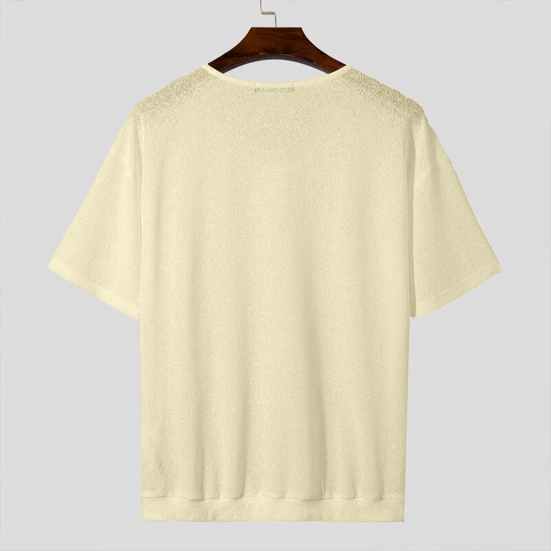 INCERUN Mens Solid V-Neck Short Sleeve T-Shirt Fashion Comfortable Fabric See-through Tshirt for Men