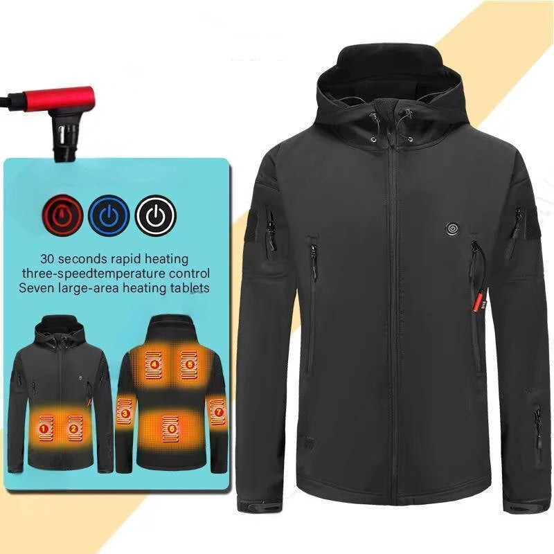 TENGOO HJ-07 7 Heating Areas Coat Jacket Three-speed Temperature Control Heated Windbreaker Thermal High Neck Hooded Coat for Winter Outdoor Sport