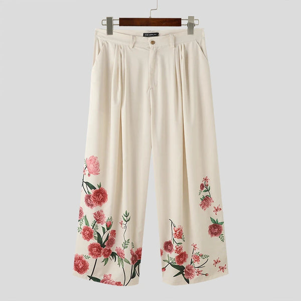 INCERUN Men Stylish Design Ankle Part Floral Print Wide Leg Pants with Pockers, Comfy Loose Botton Zipper Trousers 5XL for Spring Summer Fall