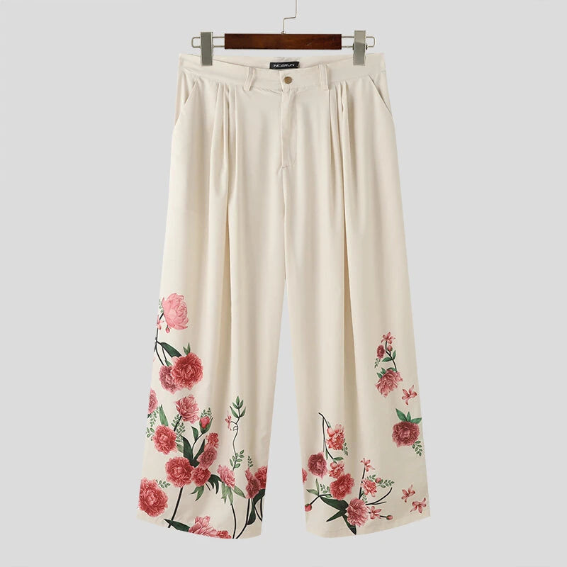 INCERUN Men Stylish Design Ankle Part Floral Print Wide Leg Pants with Pockers, Comfy Loose Botton Zipper Trousers 5XL for Spring Summer Fall