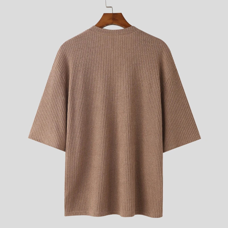 INCERUN Mens Knitted V-Neck Half Sleeve T-Shirt Casual Solod Color Short Sleeve Men Top