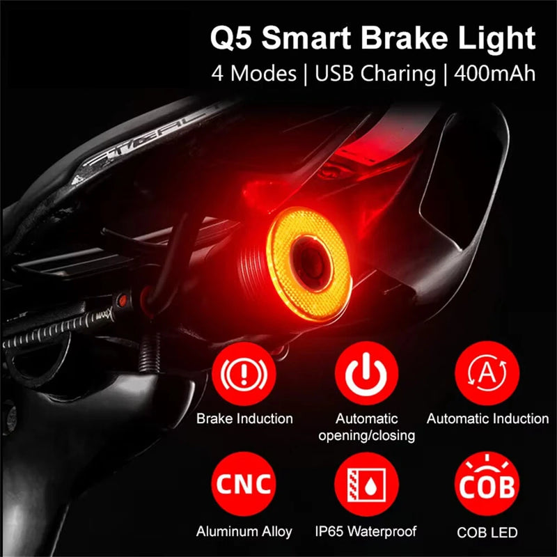 ROCKBROS Q5 Smart Auto Brake Sensing Bicycle Taillight Vibration Sensor Wake-up IPX6 Waterproof USB Charging Bike Rear Light for Night Riding