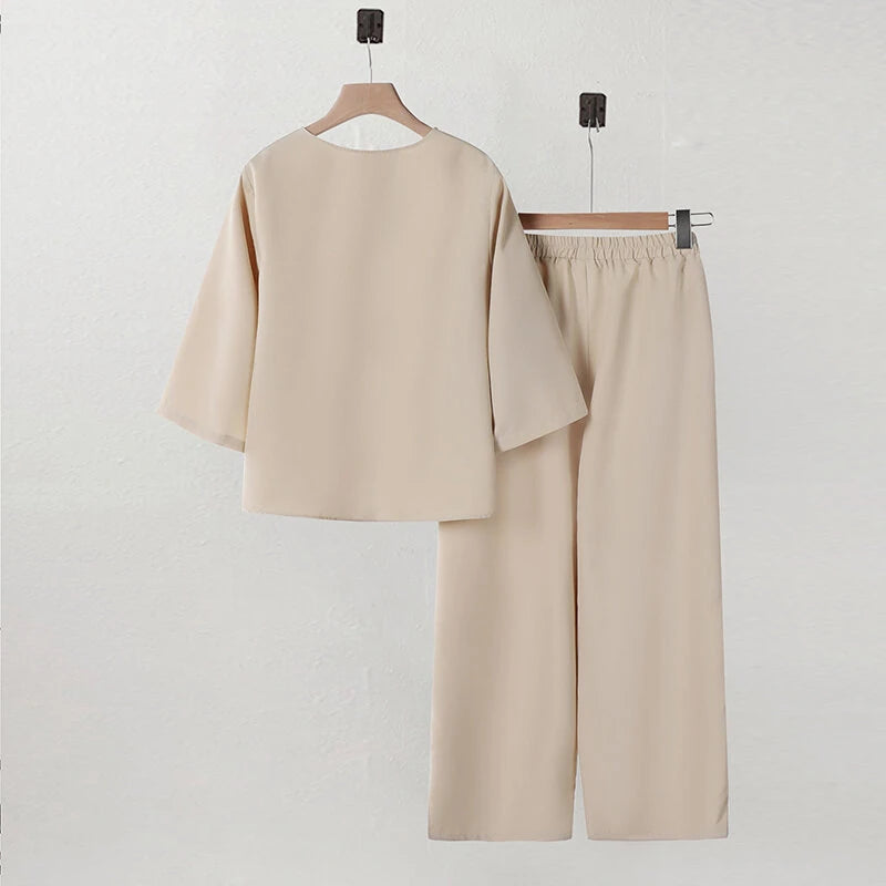 ZANZEA Women Vintage Crew Neck Long Sleeve Tops Elastic Waist Wide-Legged Pants Sets