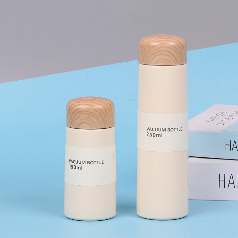 150/250ml Insulated Bottle Wood Grain Mini Cute Stainless Steel Thermos Cup Portable Pocket Vacuum Bottle Mini Coffee Mug with Tea Leak for Home Travel Outdoor