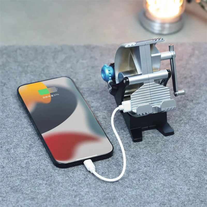 NIKOLATOY Alloy Mechanical Multifunctional Rechargeable Mobile Phone Holder Hand Crank Generator Desktop Ornament Science Discovery Toys Gifts