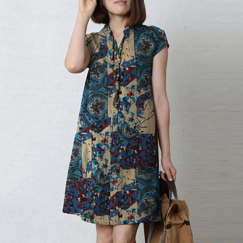 ZANZEA Women Bohemian Floral Printed V-Neck Cotton Dress Holiday Casual Short Sleeve Sundress