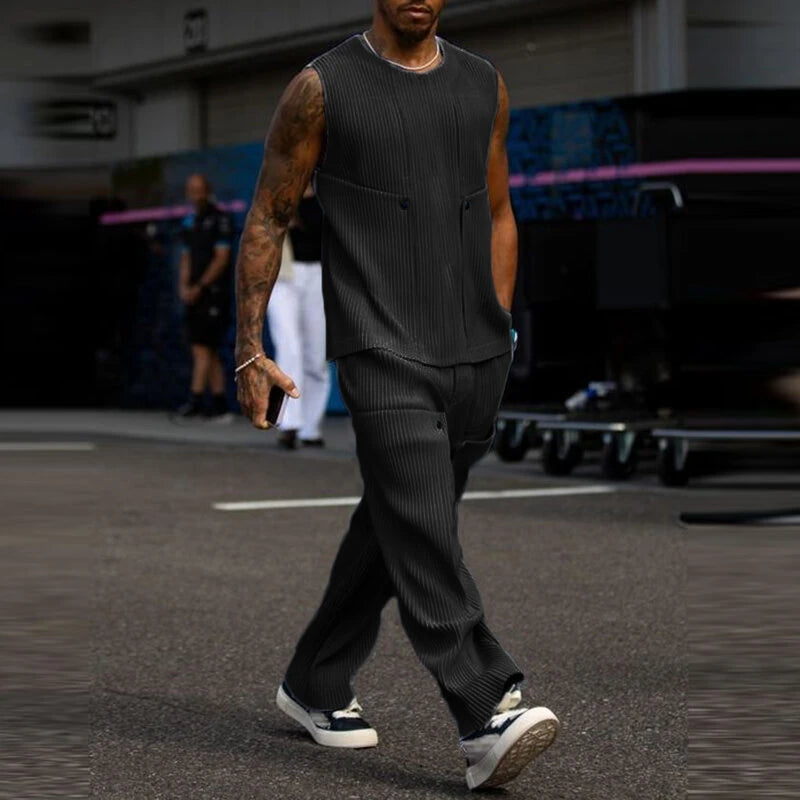 INCERUN Men's Clothing 2 Piece Set Knit Ribbed Round Neck Vest & Trousers Casual Solid Color Set for Daily Wear