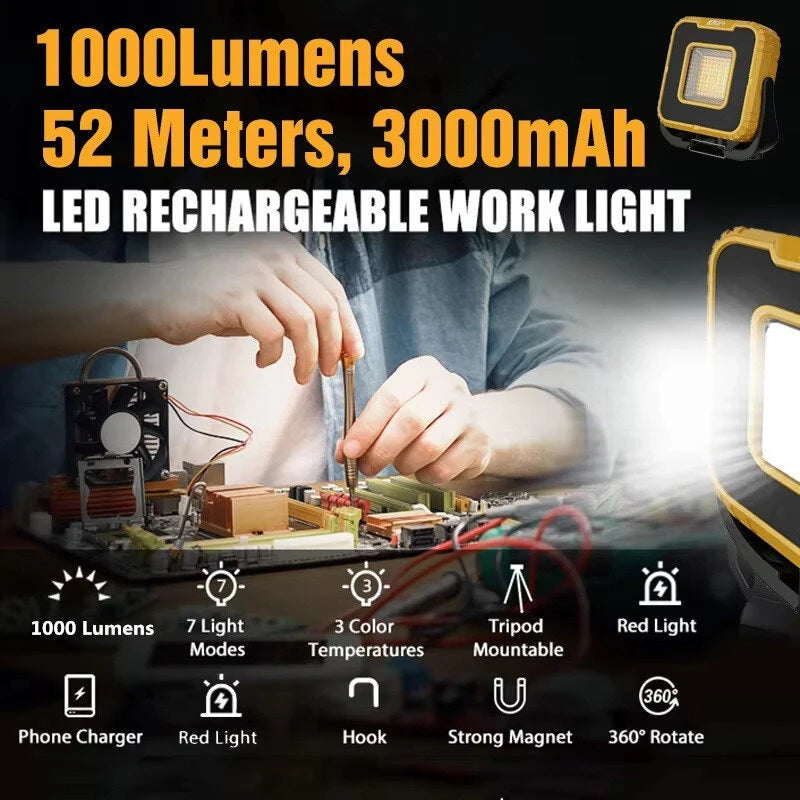2024 1000LM Super Bright Portable LED Spotlight Camping Lamp 3000mAh LED Work Light Rechargeable Outdoor Waterproof Working Light