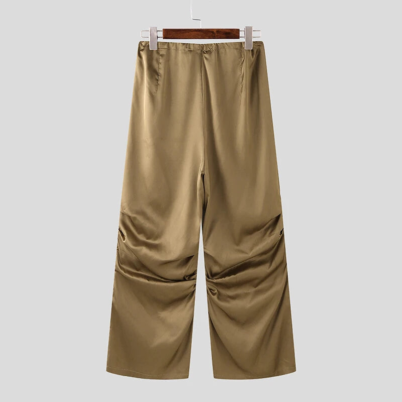 INCERUN Mens Satin Ruched Design Casual Pant Fashion Solid Color Loose Fit Straight Trousers