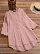 Solid Button Pocket High-Low Hem Casual Cotton Blouse
