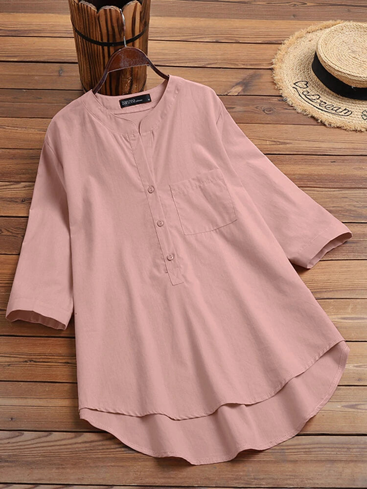 Solid Button Pocket High-Low Hem Casual Cotton Blouse