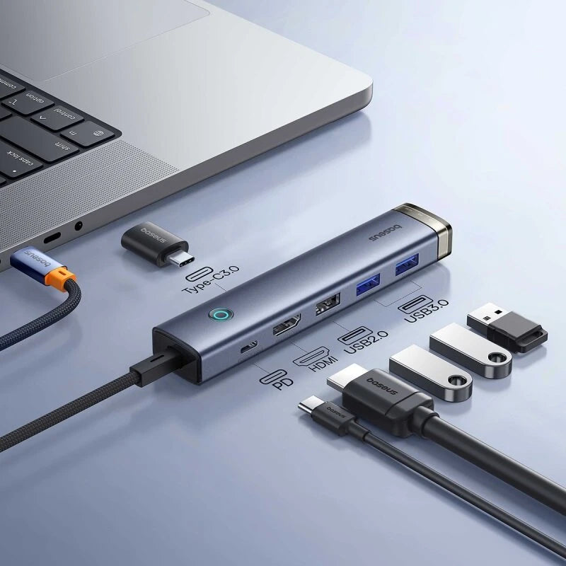 Baseus 6-in-1 Type-C Docking Station USB Adapter with USB-A 3.0*2 / USB-A 2.0 / USB-C 3.0 / PD100W Type-C / HD USB-C Splitter Hubs for iPhone 16 Pro 16 Pro Max MacBook Pro Air HUAWEI XIAOMI PC Laptop