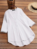 Solid Button Pocket High-Low Hem Casual Cotton Blouse