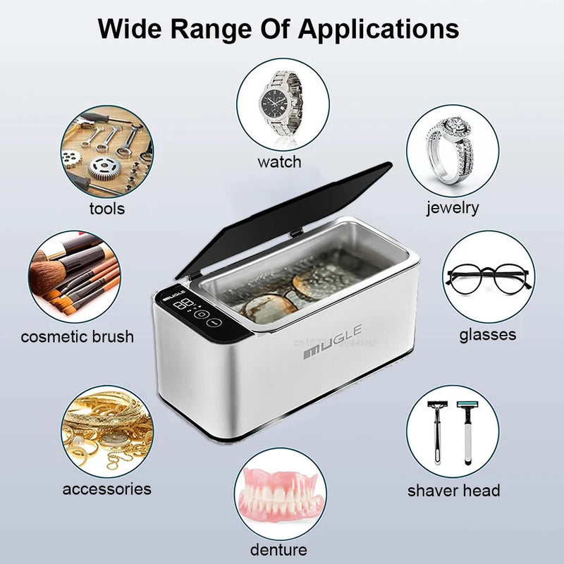 Mugle 40W Portable Jewelry Cleaner 46kHz U1trasonic Vibration Power with Touch Screen 4 Cleaning Times Setting and 304 Stainless Steel Tank for Glasses Watches